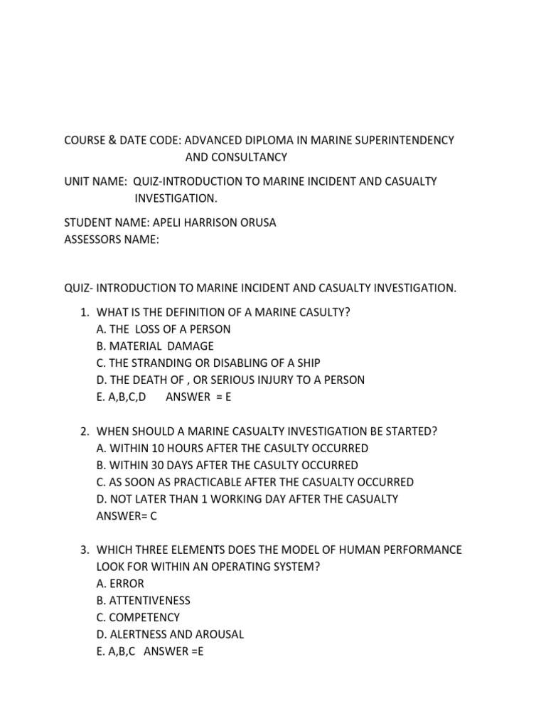 Marine Casualty Investigation Quiz | PDF