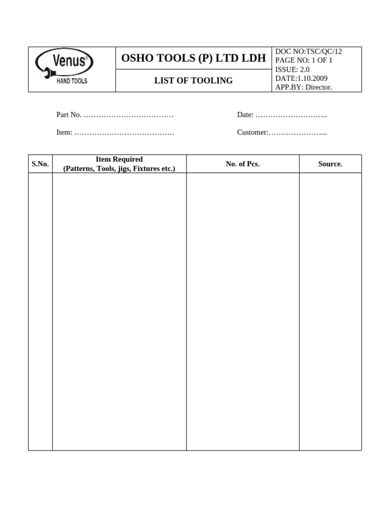 Tooling List for OSHO Tools Ltd. | PDF