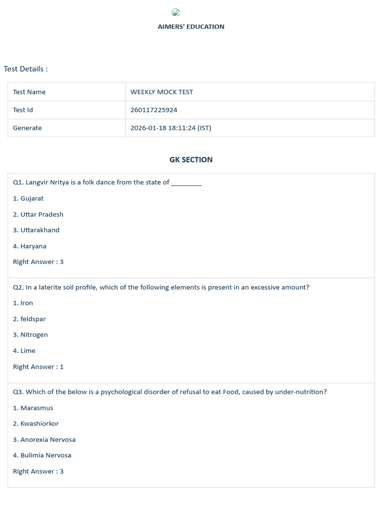 Weekly Mock Test for GK Preparation | PDF | Brain | Expense