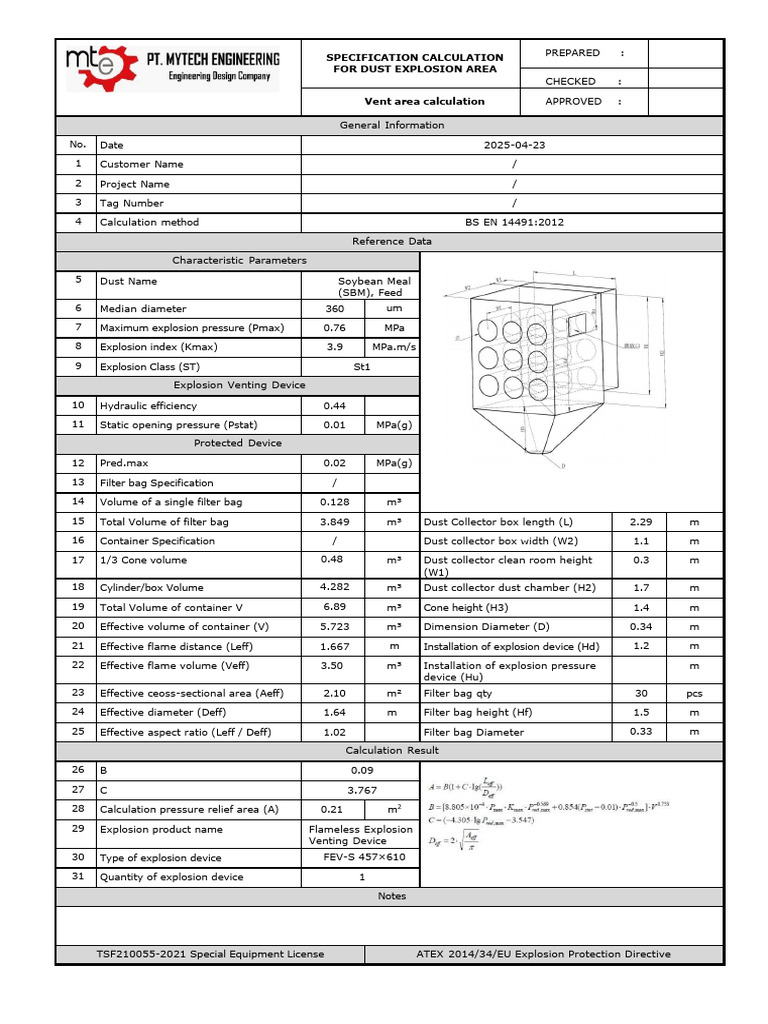 Dust Explosion Vent Area Calculation | PDF