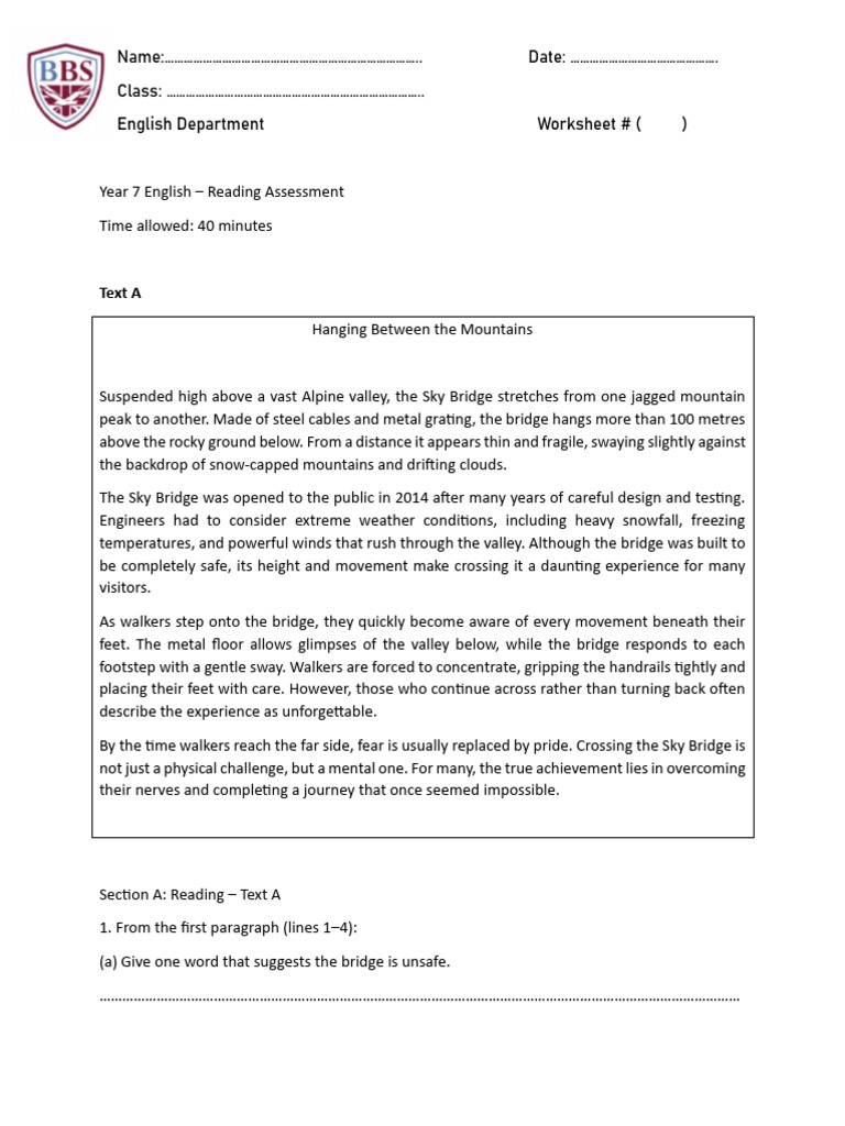 Year 7 English Reading Assessment Guide | PDF