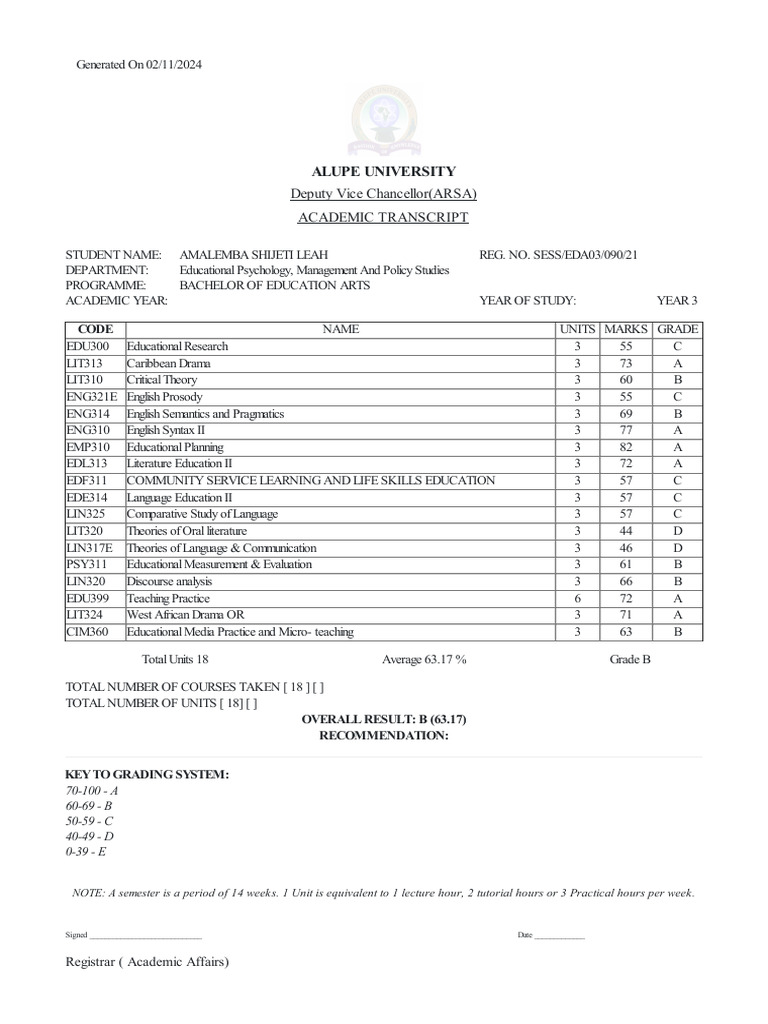 Academic Transcript for Leah Amalemba | PDF | Learning | Linguistics
