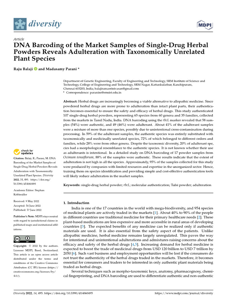 DNA Barcoding Reveals Herbal Powder Adulteration | PDF | Polymerase ...