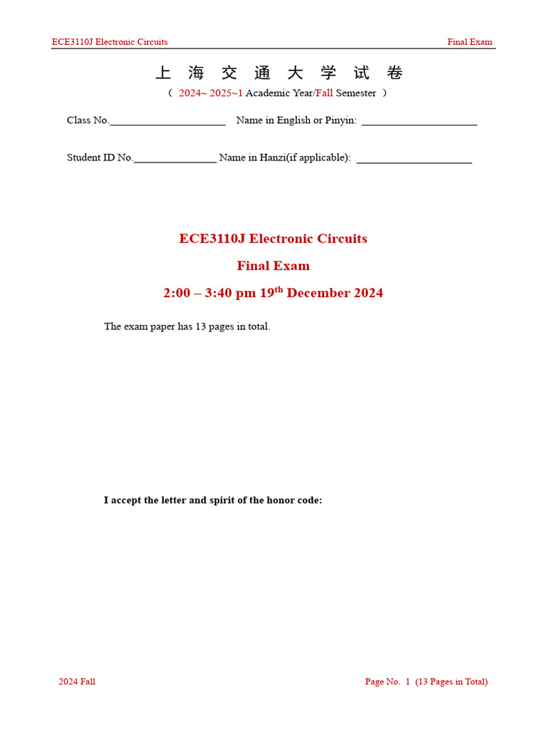 ECE3110J Electronic Circuits Final Exam | PDF | Electronic Engineering ...