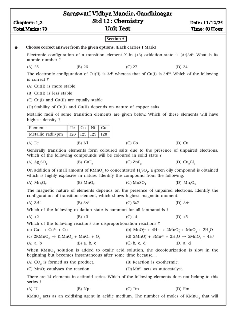 Std 12 Chemistry Unit Test Questions | PDF | Transition Metals | Redox