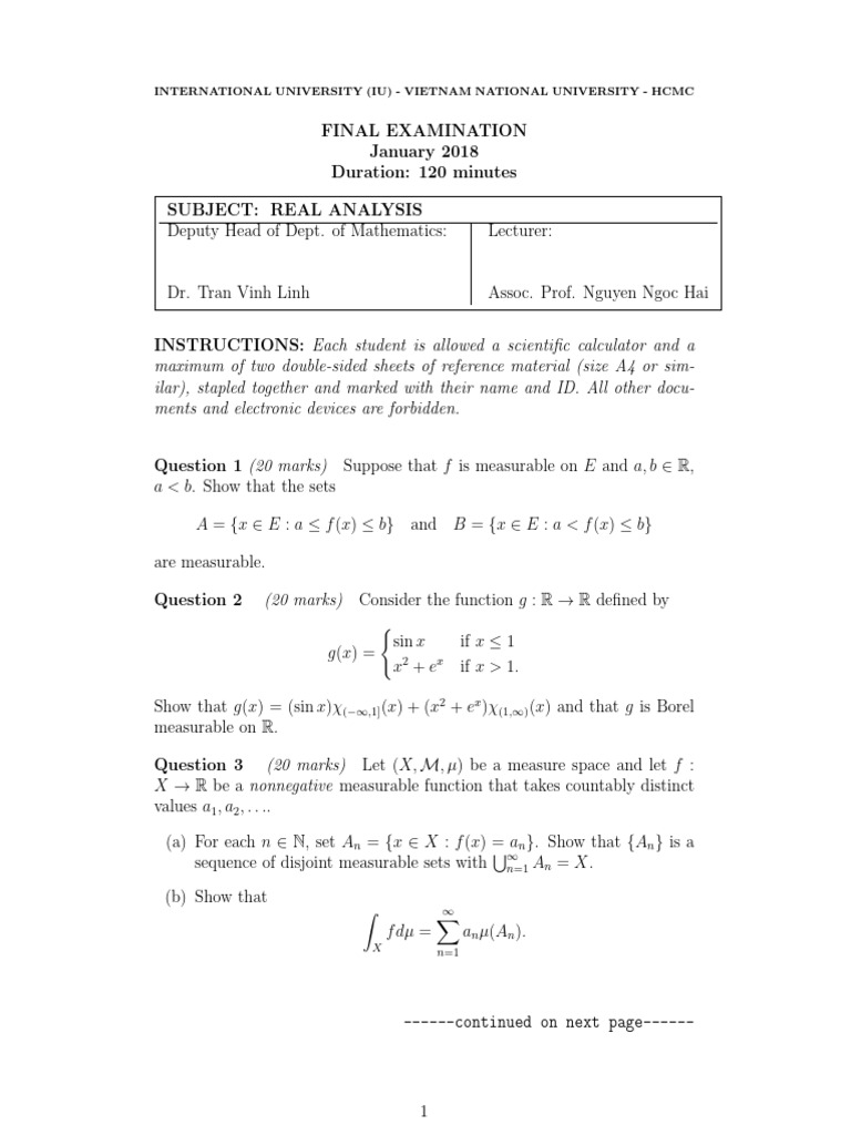 Real Analysis Final Exam Solutions | PDF | Measure (Mathematics ...