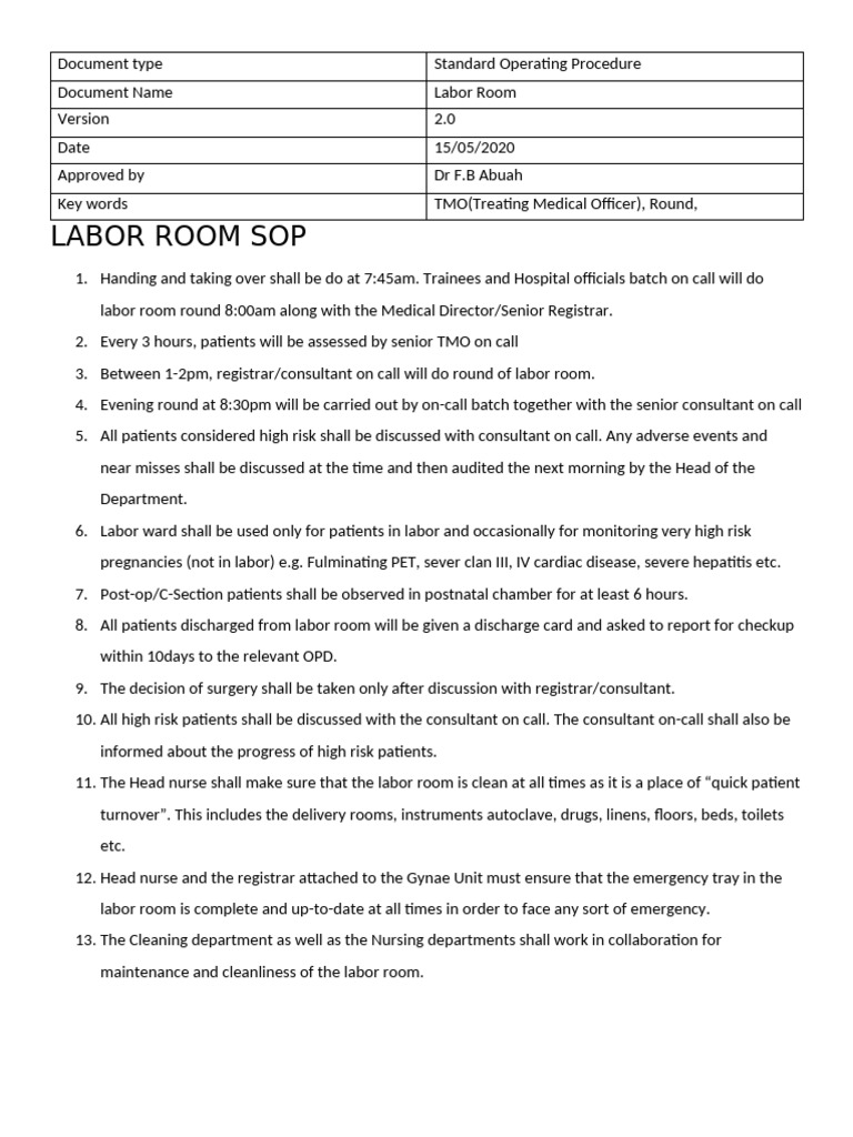Labor Room SOP for Patient Management | PDF