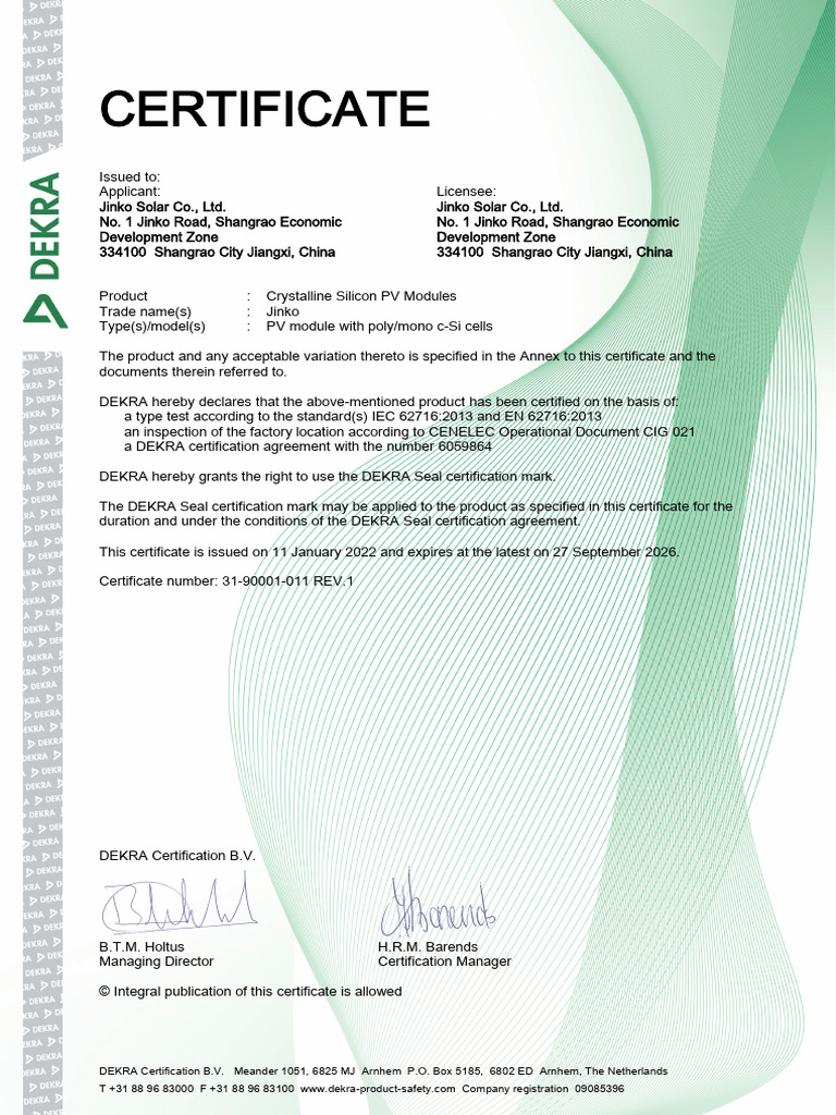 Jinko Solar PV Modules Certification | PDF | Solar Panel | Photovoltaics