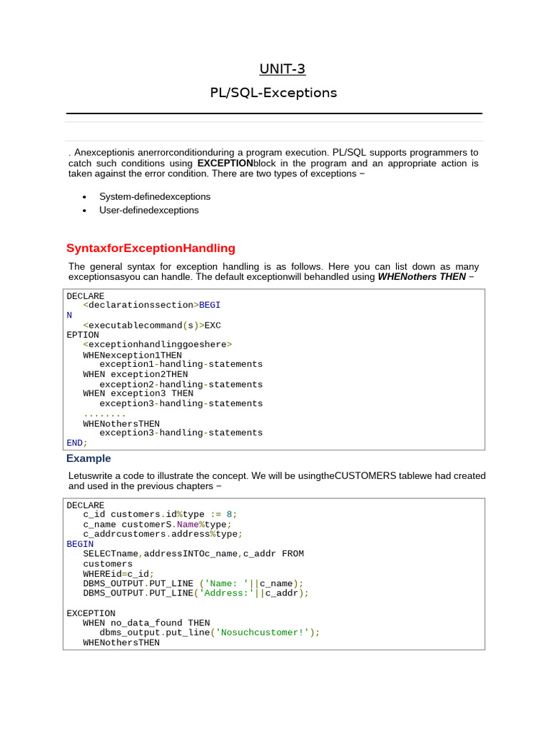 PL/SQL Exception Handling Guide | PDF | Parameter (Computer Programming ...