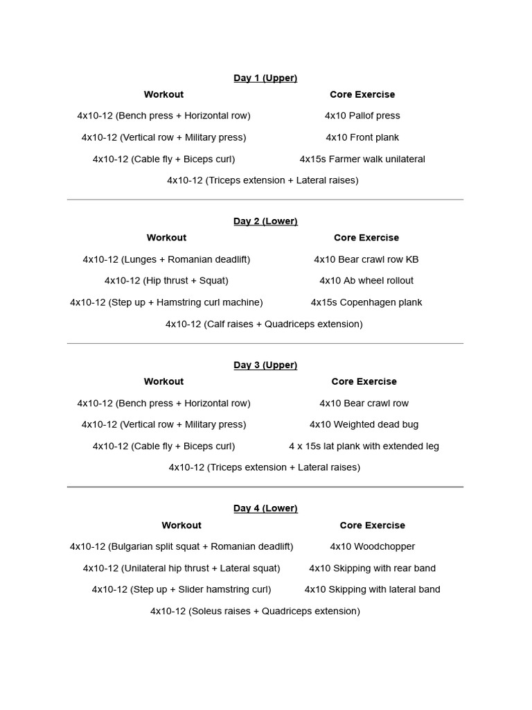 4-Day Upper and Lower Body Workout Plan | PDF