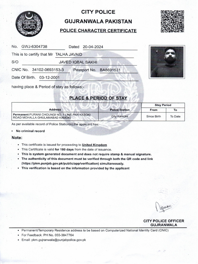 Talha Javaid Police Chracter Certificate | PDF