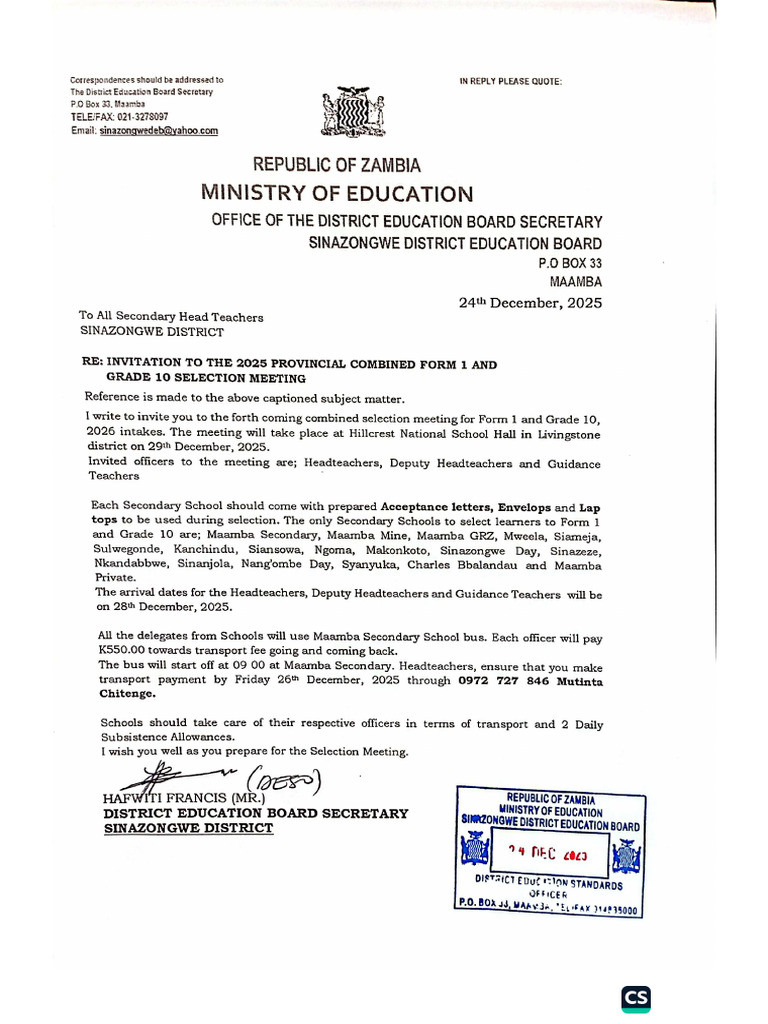 Invitation For 2025 Form 1 and Grade 10 Selection | PDF