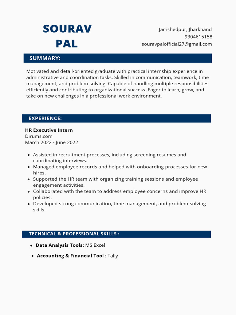 HR Executive Intern Resume Summary | PDF