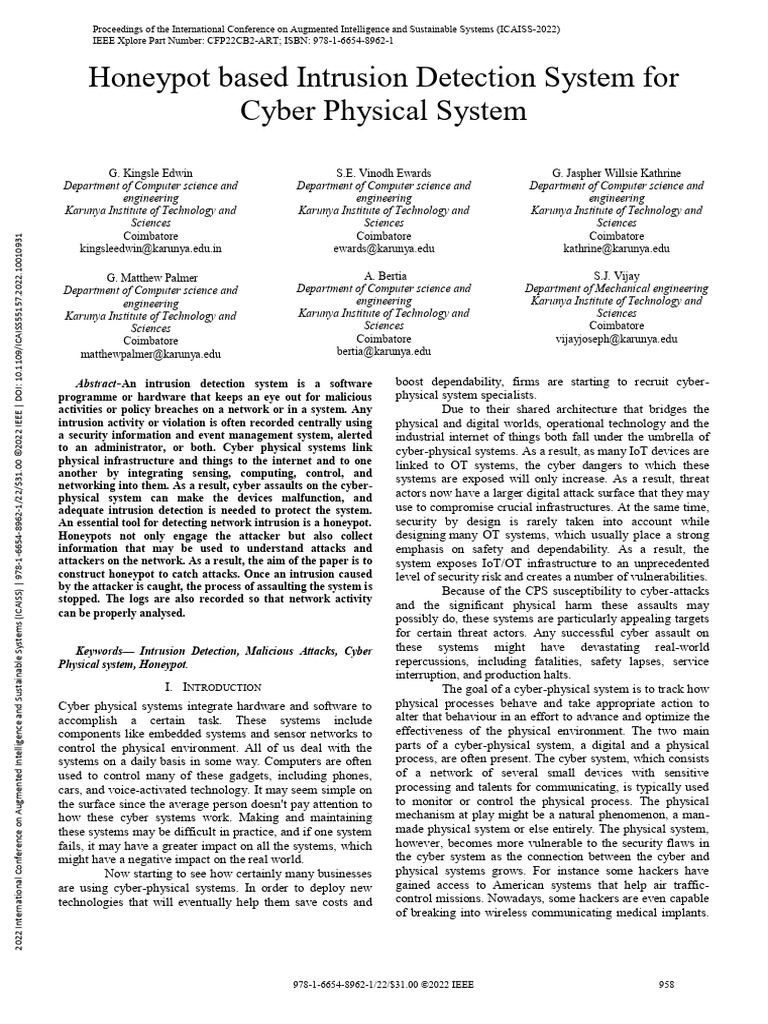 Honeypot for Cyber-Physical Intrusion Detection | PDF | Computer ...