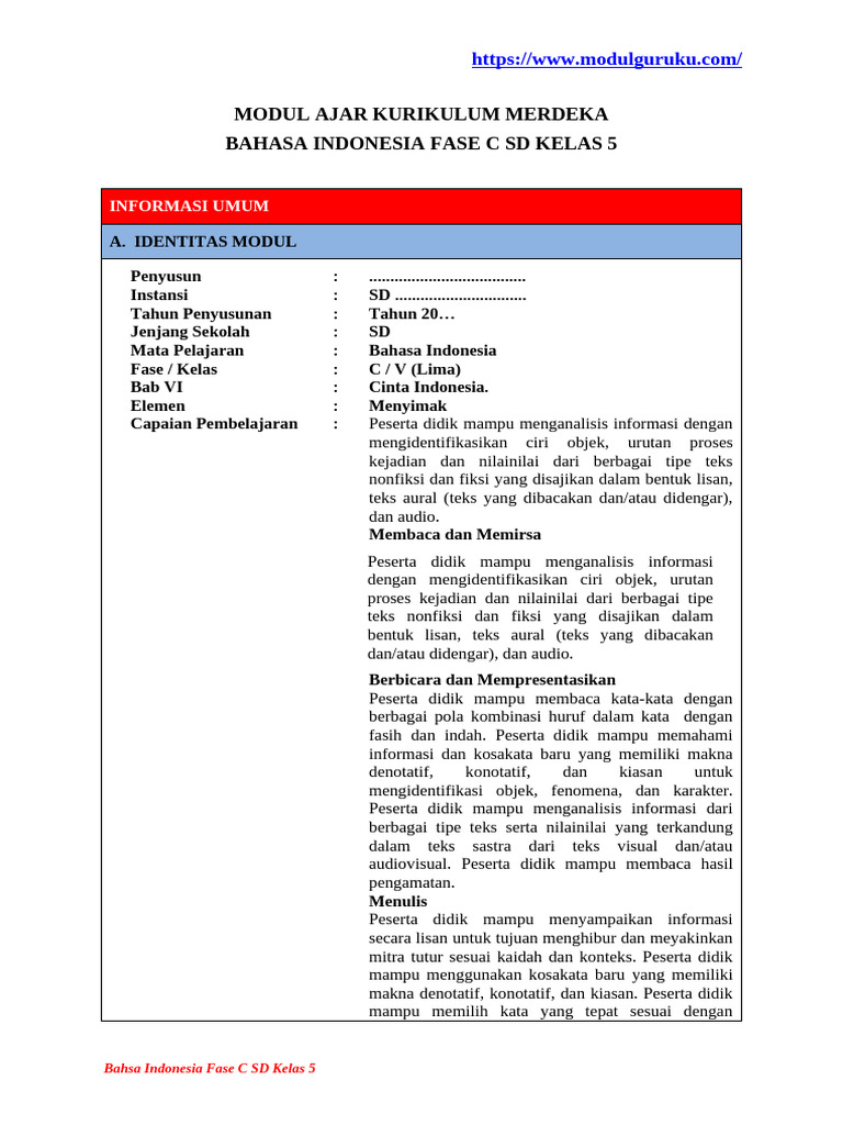 Modul Ajar Bahasa Indonesia Kelas 5 | PDF
