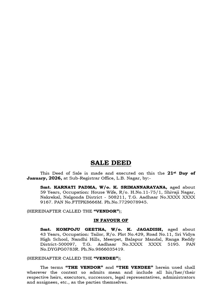 Sale Deed for Plot No.157, Nandi Hills | PDF | Private Law | Common Law