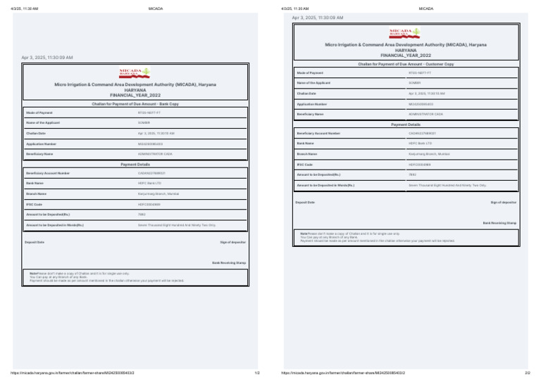 MICADA Payment Challan for 2022 | PDF | Banks | Banking