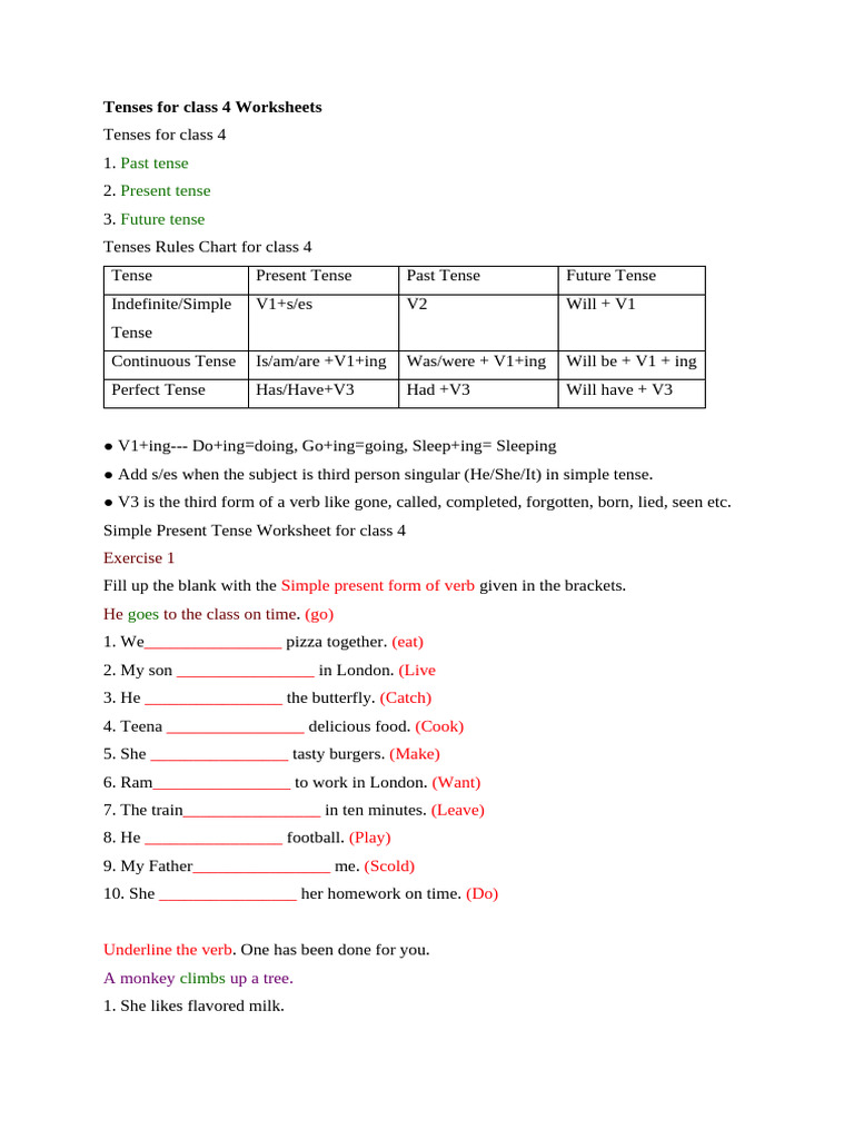 Tenses Worksheets for Class 4 Students | PDF | Grammatical Tense | Verb