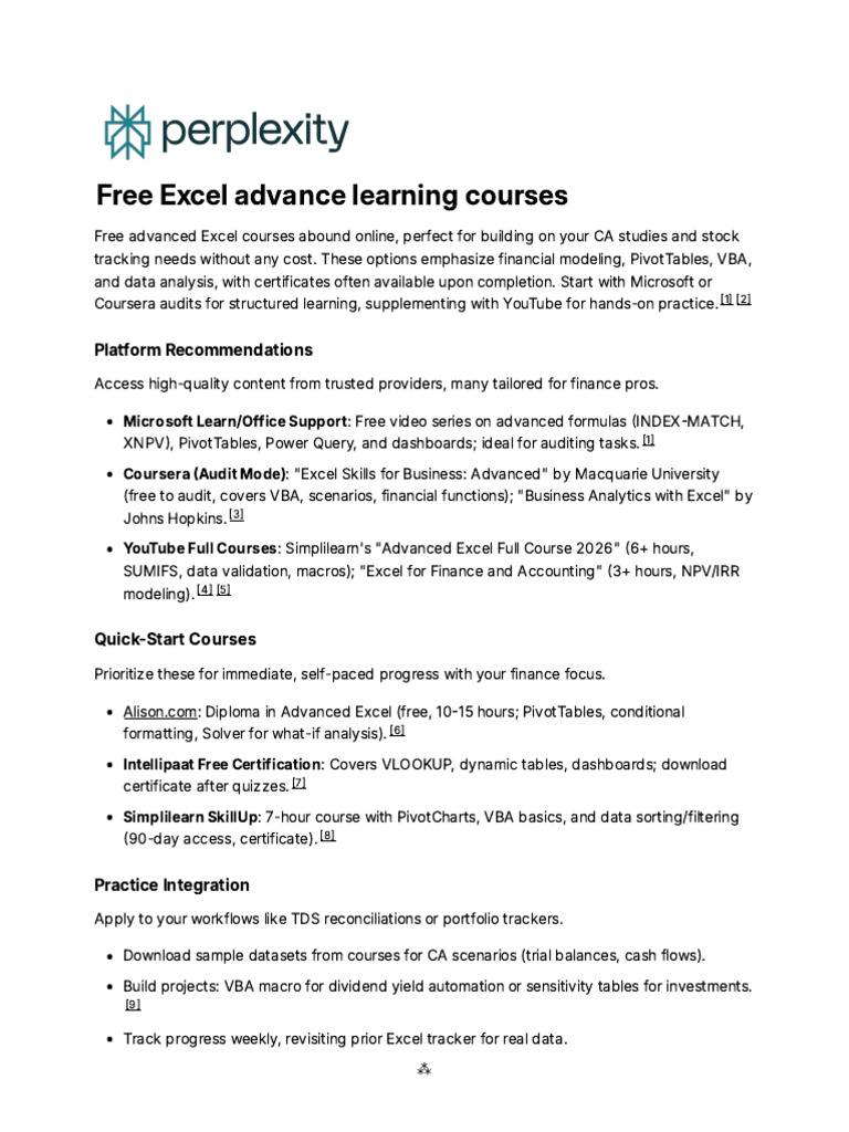 Free Advanced Excel Courses for Finance | PDF | Microsoft Excel ...
