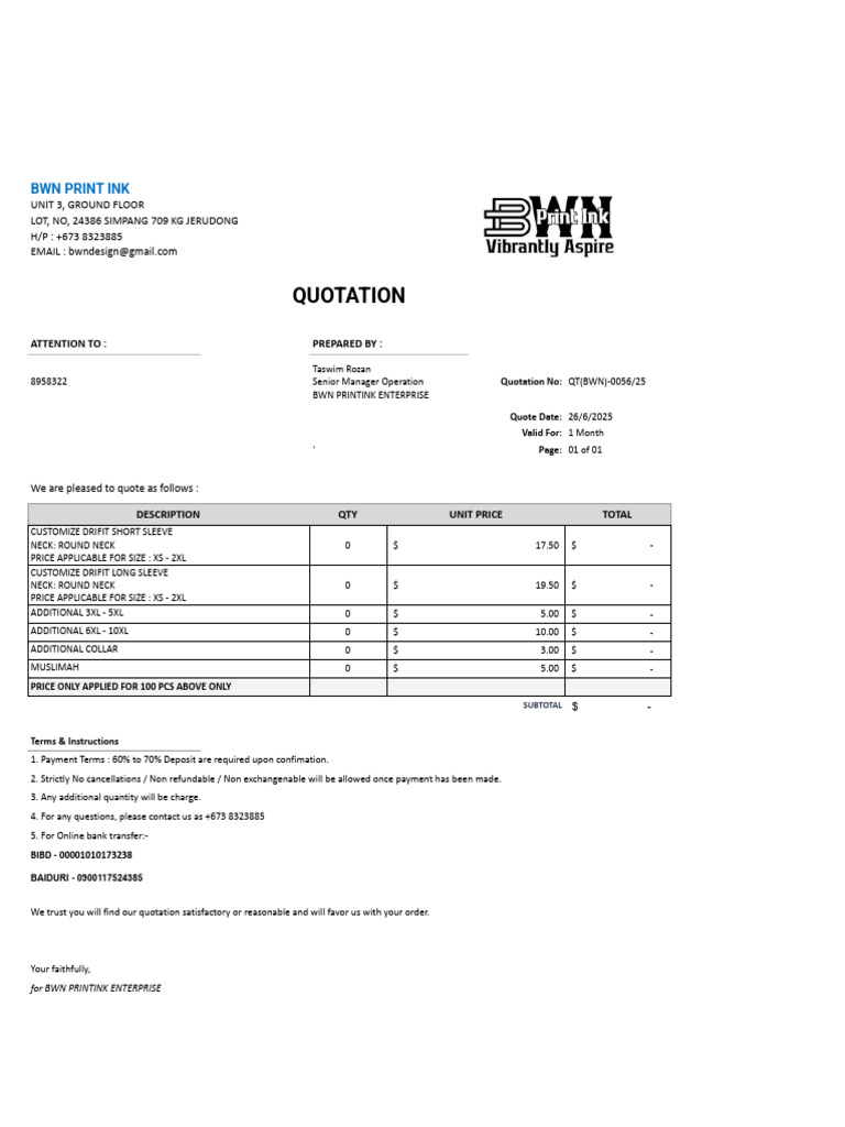BWN Print Ink Custom Apparel Quotation | PDF