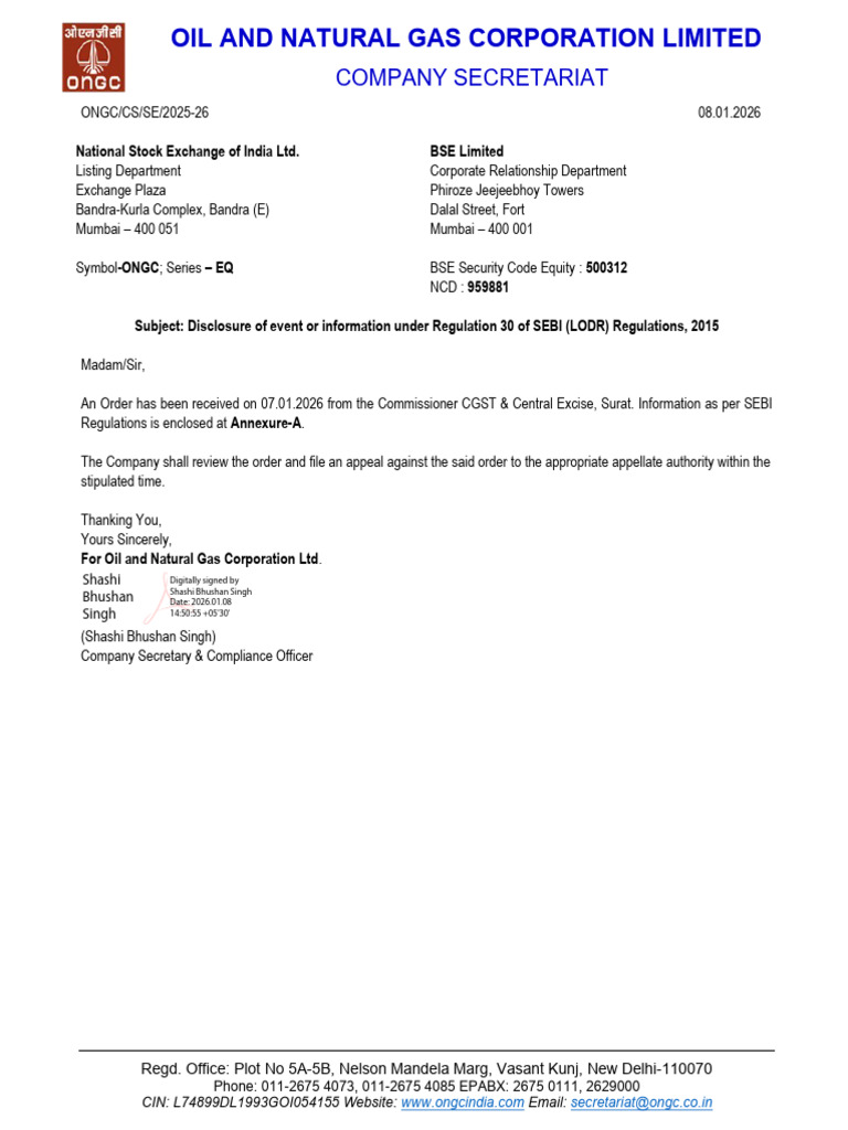 ONGC Regulatory Disclosure of CGST Order | PDF