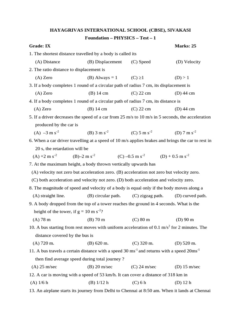 IX Physics Test 1 - Distance & Speed | PDF | Acceleration | Speed