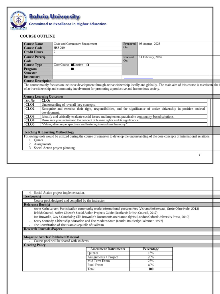 Civic and Community Engagement Course Outline | PDF | Civic Engagement ...