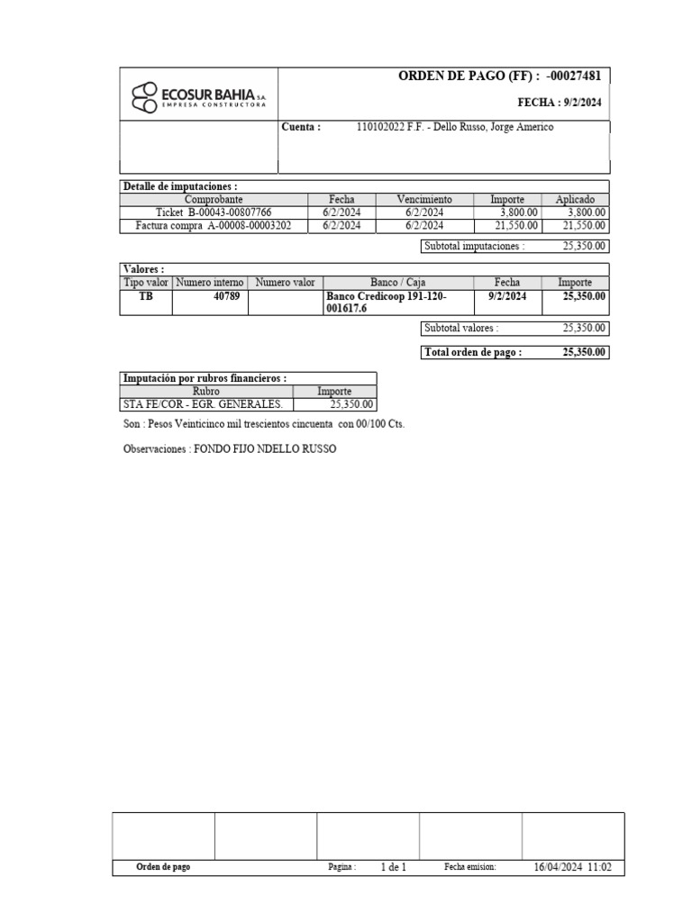 Orden de Pago Detallada: 25,350.00 ARS | PDF