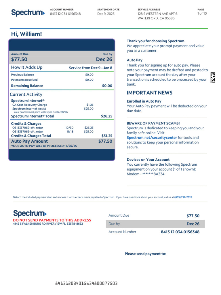 Spectrum Bill Statement for Waterford CA | PDF | Cheque | Debit Card