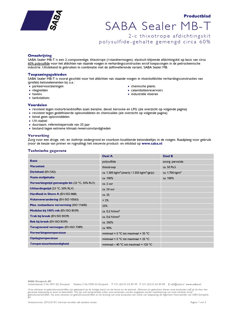 SABA Sealer MB-T PDS NL 2012-01-01 | PDF