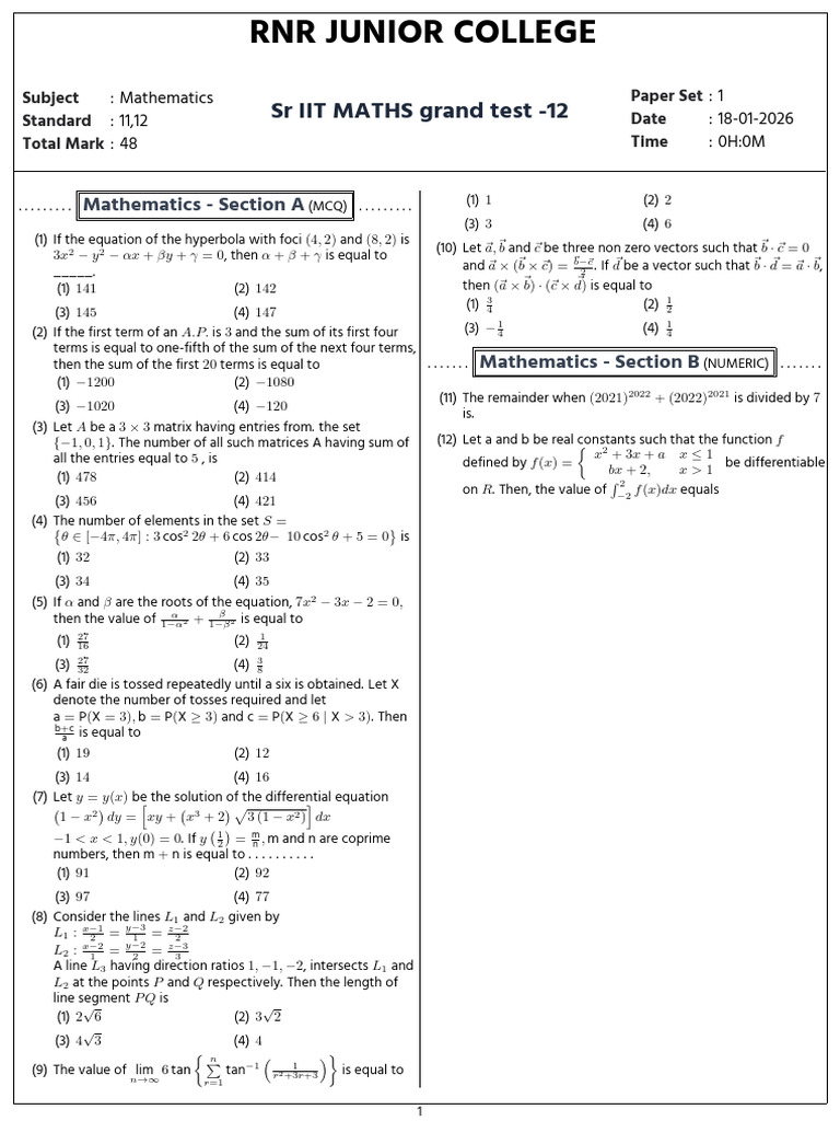 RNR Junior College IIT Maths Test 12 | PDF | Matrix (Mathematics ...