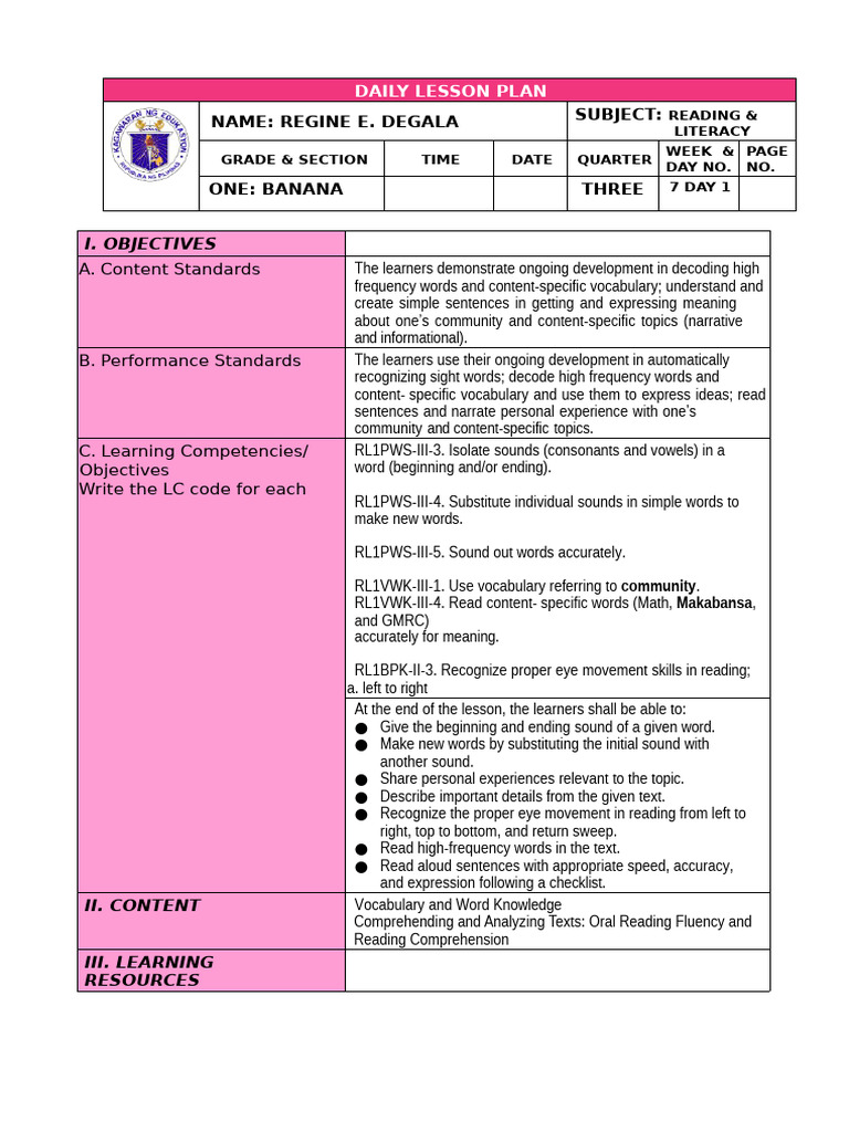 Daily Reading Lesson Plan for Kids | PDF | Vocabulary | Reading (Process)