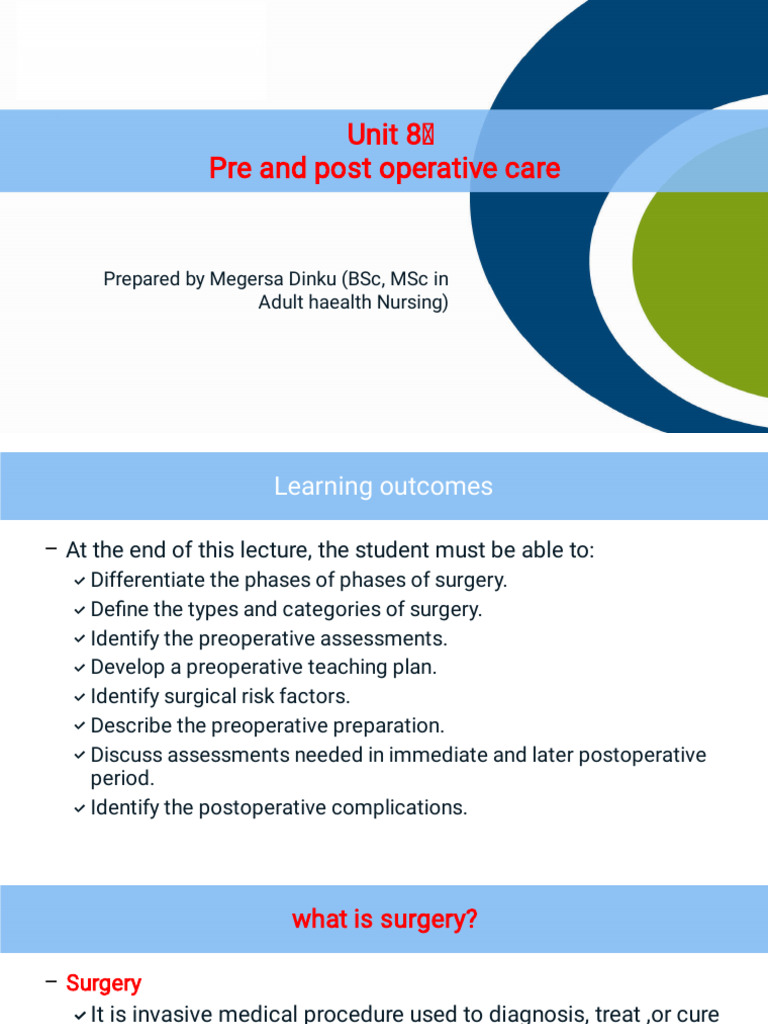 Pre and Postoperative Care Guide | PDF | Surgery | Perioperative