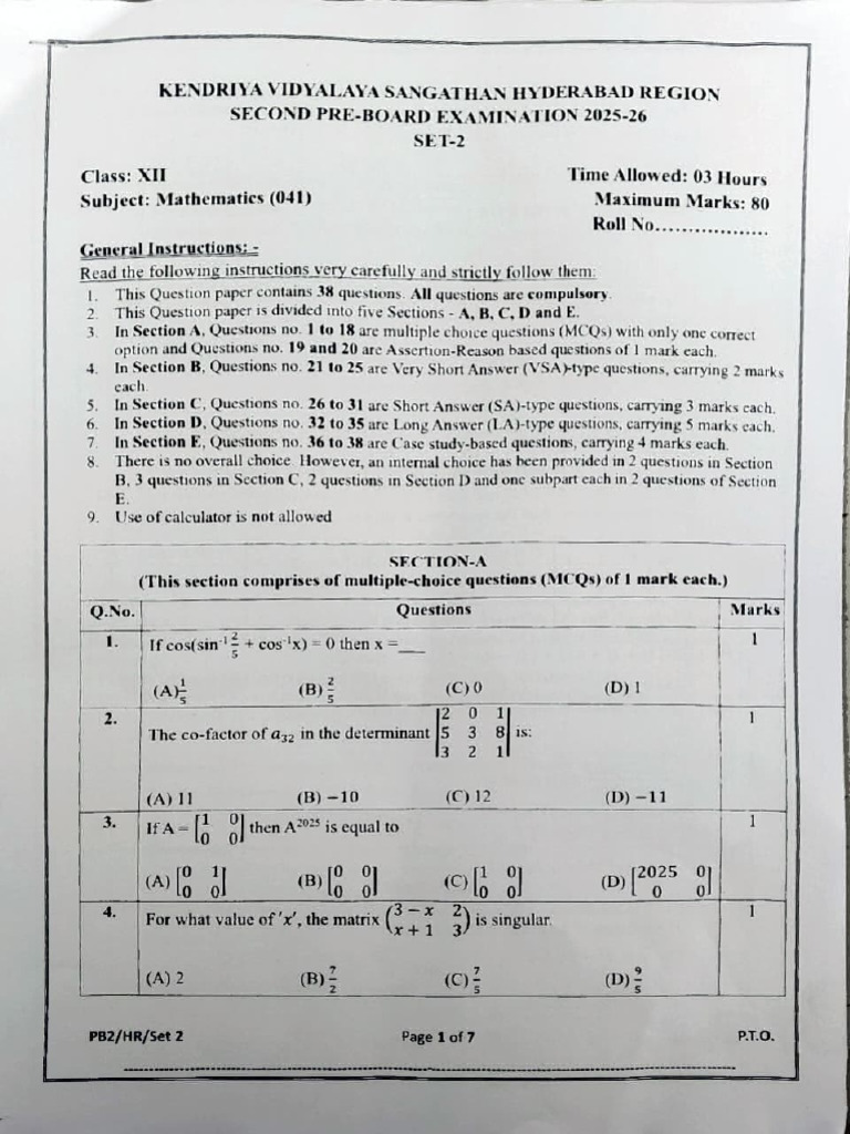 (QP) Class Xii Maths Pre Board - 2 (Set-2) (KVS, Hydrabad) 2025-26 | PDF
