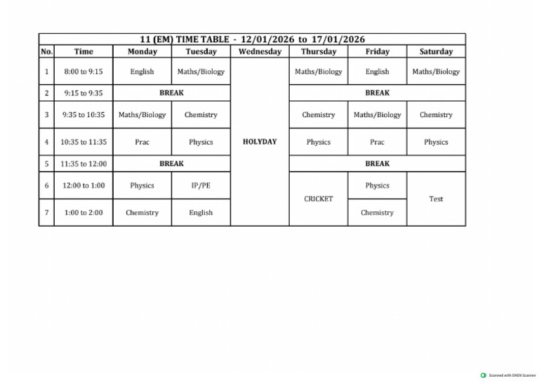11-EM_TIME TABLE - (12.01.26 to 17.01.26) | PDF