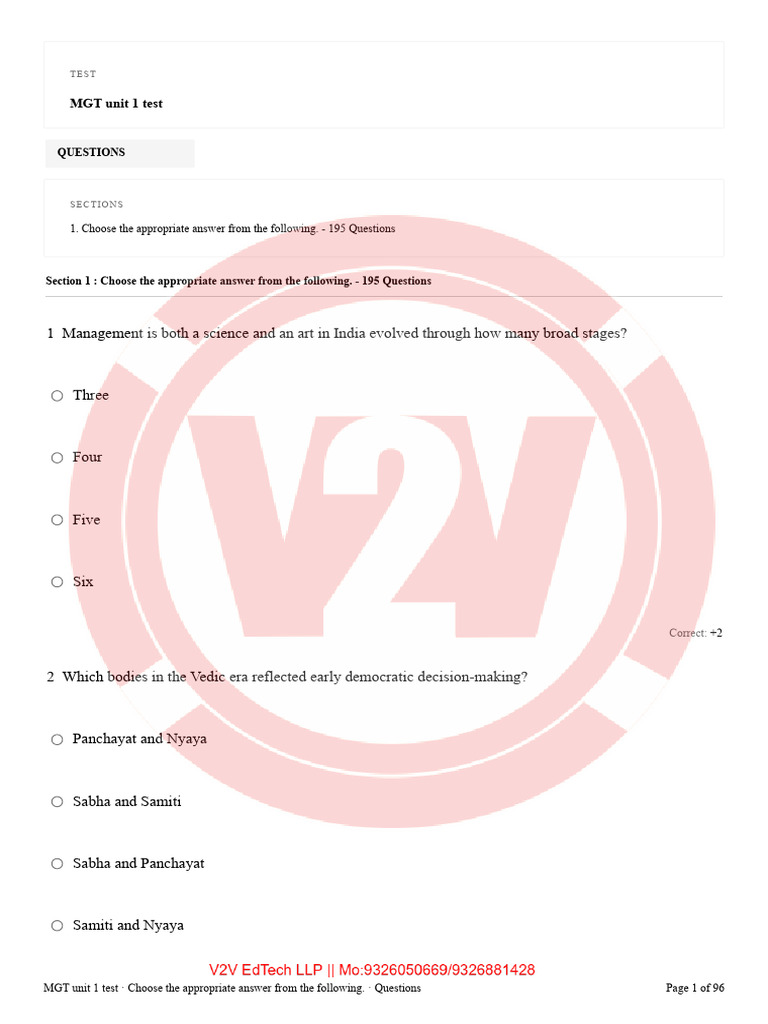 MGT Unit 1 Test Questions and Answers | PDF | Disciplines | Motivation