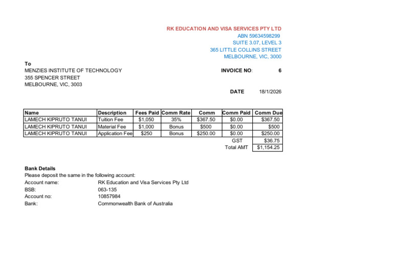 Invoice for Tuition and Fees - RK Education | PDF