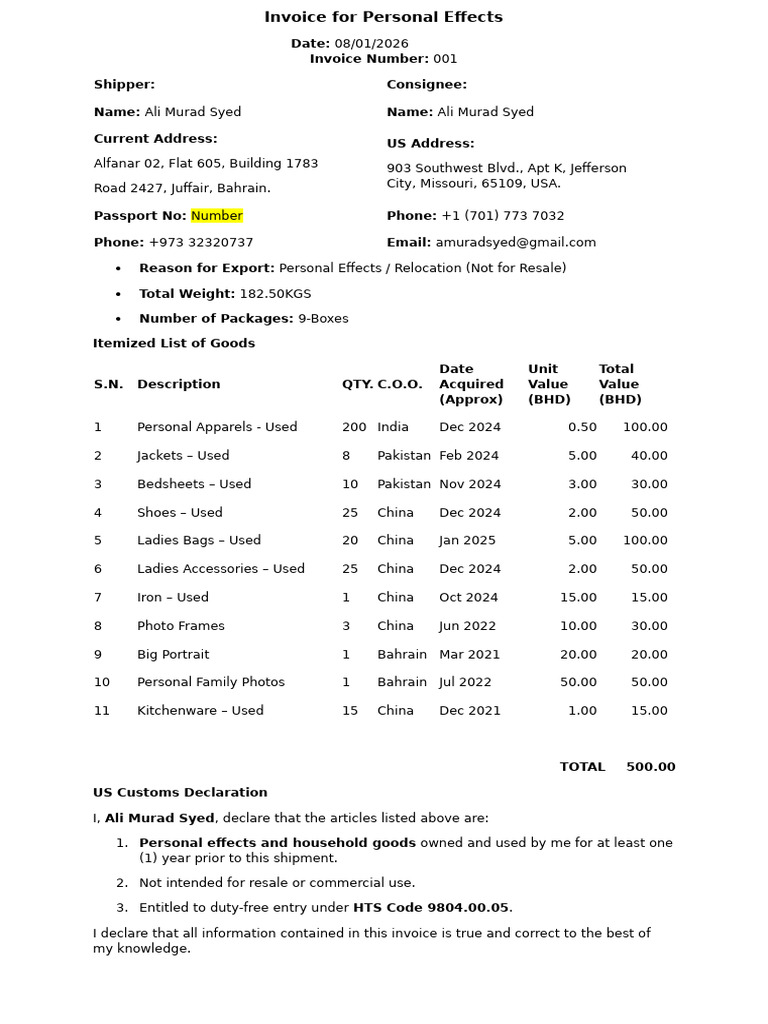 Invoice for Personal Effects | PDF