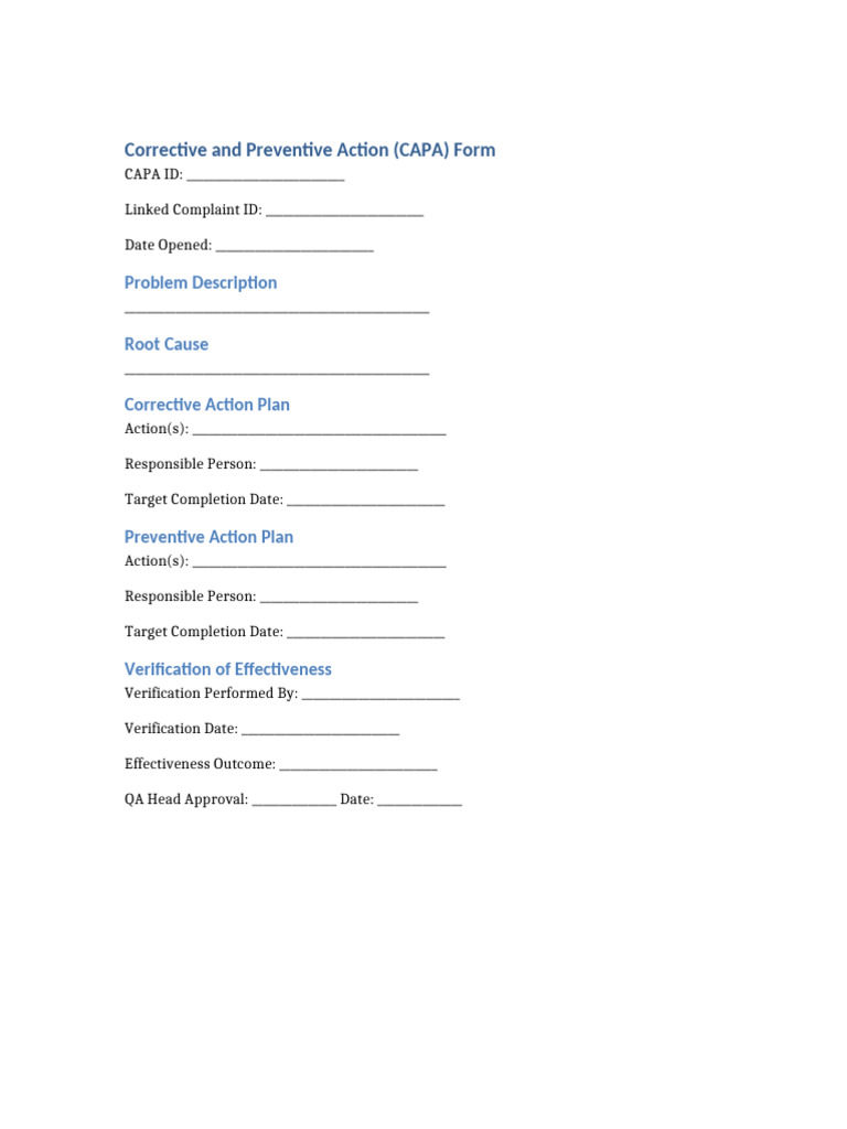 CAPA Form Template for Quality Assurance | PDF