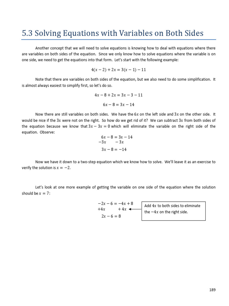 5.3, Solving Equations With Variables on Both Sides | PDF | Equations