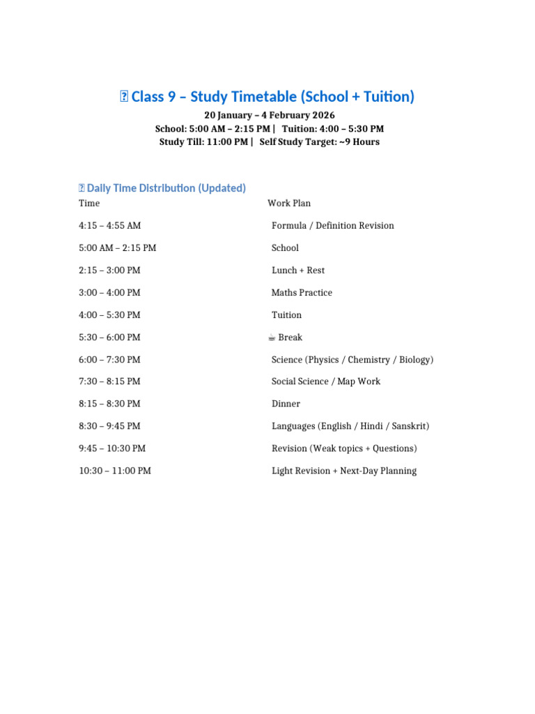 Class 9 Timetable Study Till 11PM | PDF