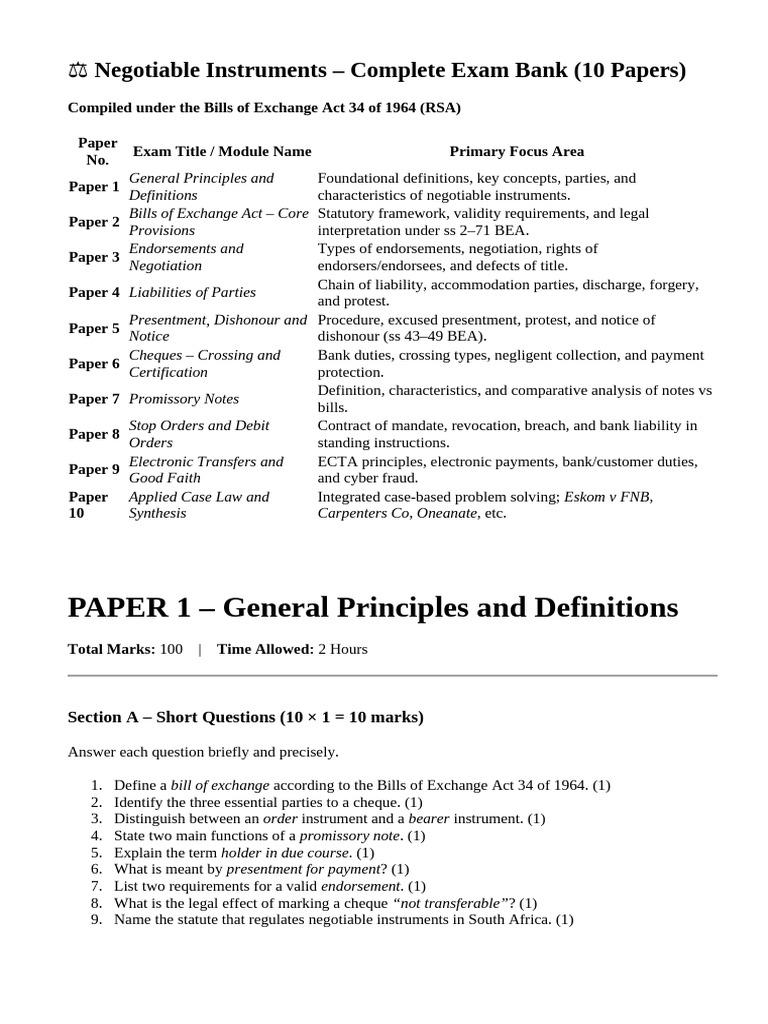 Negotiable Instruments Exam Papers 03112025 | PDF | Negotiable ...