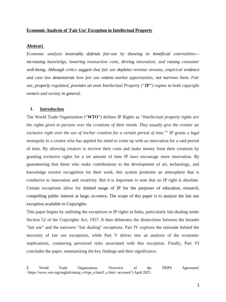 Economic Analysis of 'Fair Use' Exception in Intellectual Property ...