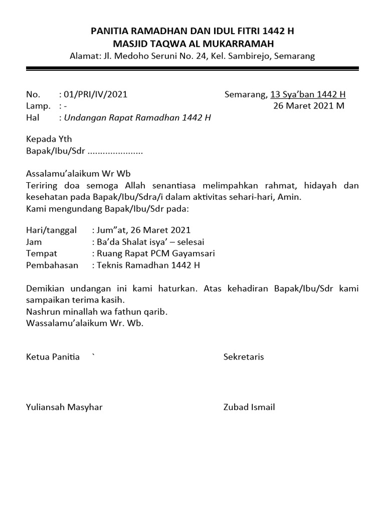 Undangan Rapat Ramadhan 1442 H Semarang | PDF