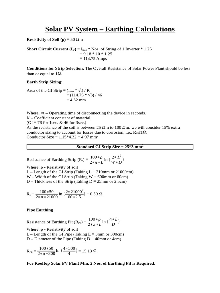 Solar PV Earthing Calculations | PDF