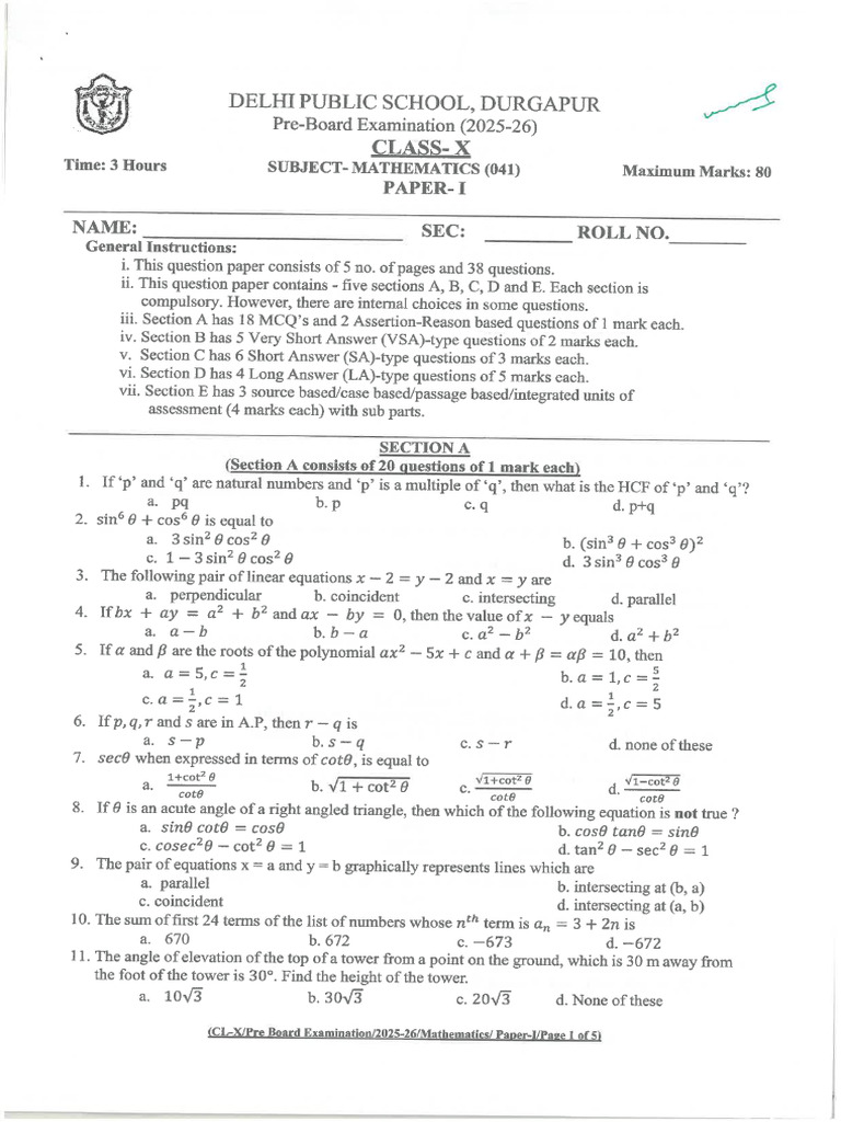 CL10 PB1 Maths 1 2025-26 | PDF