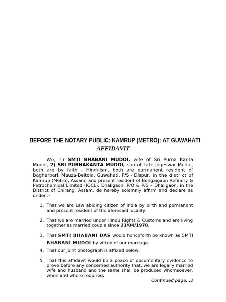Affidavit for Proof of Marriage - Passport - Bhabani Mudoi | PDF