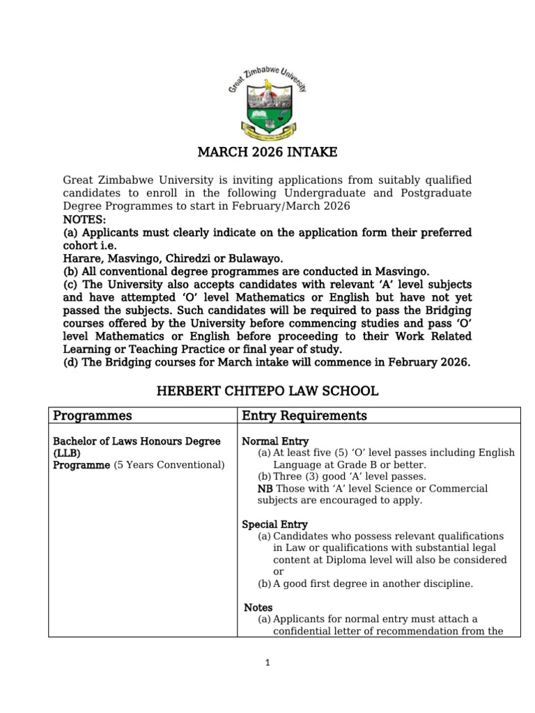 Great Zimbabwe University March 2026 Intake | PDF | Academic Degree ...