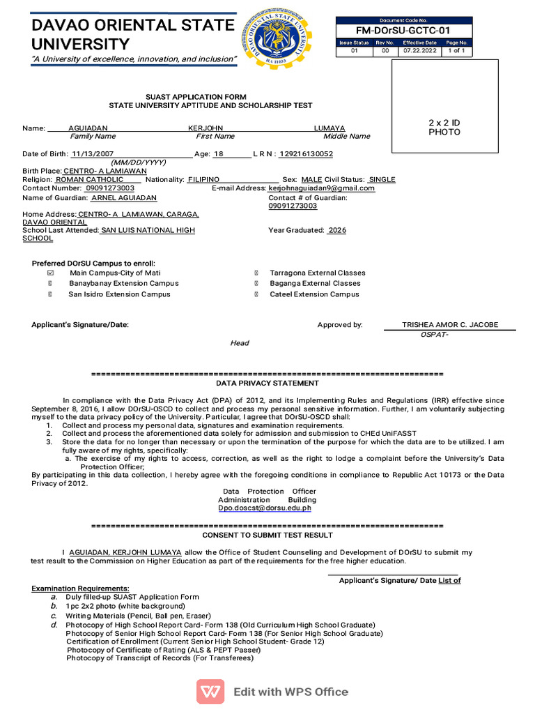 DOrSU SUAST Application Form | PDF