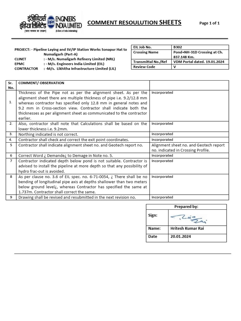 Pipeline Comment Resolution Sheet | PDF